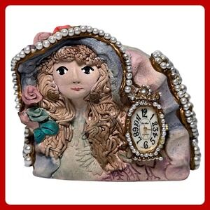 Ann‎ Shannon Clay Art Lady Figurine Clock Sculpture Floral Pastel Pearl Decor